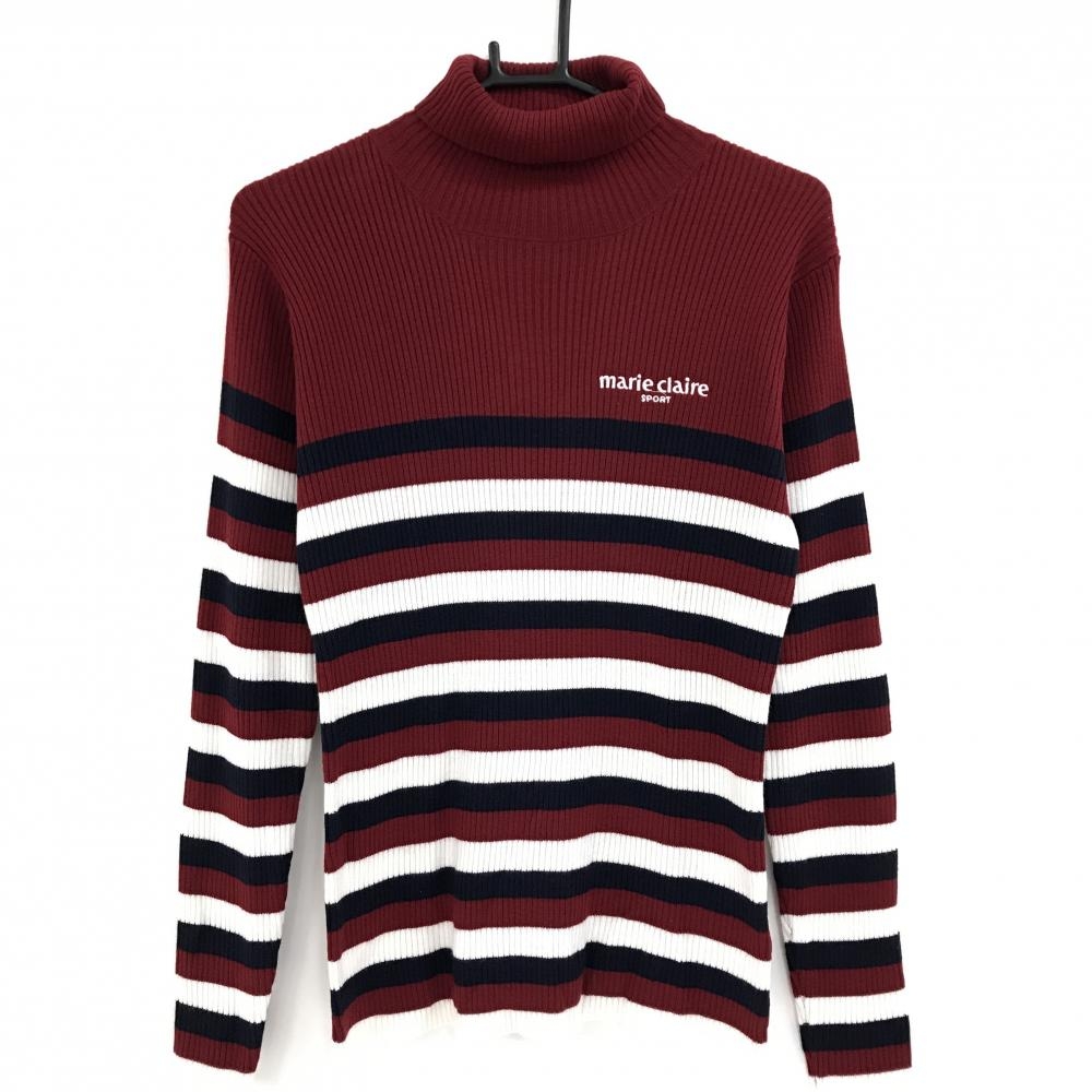 【超美品】マリクレールスポール タートルネックセーター ボルドー×白 ボーダー ロゴ刺しゅう レディース L ゴルフウェア marie claire