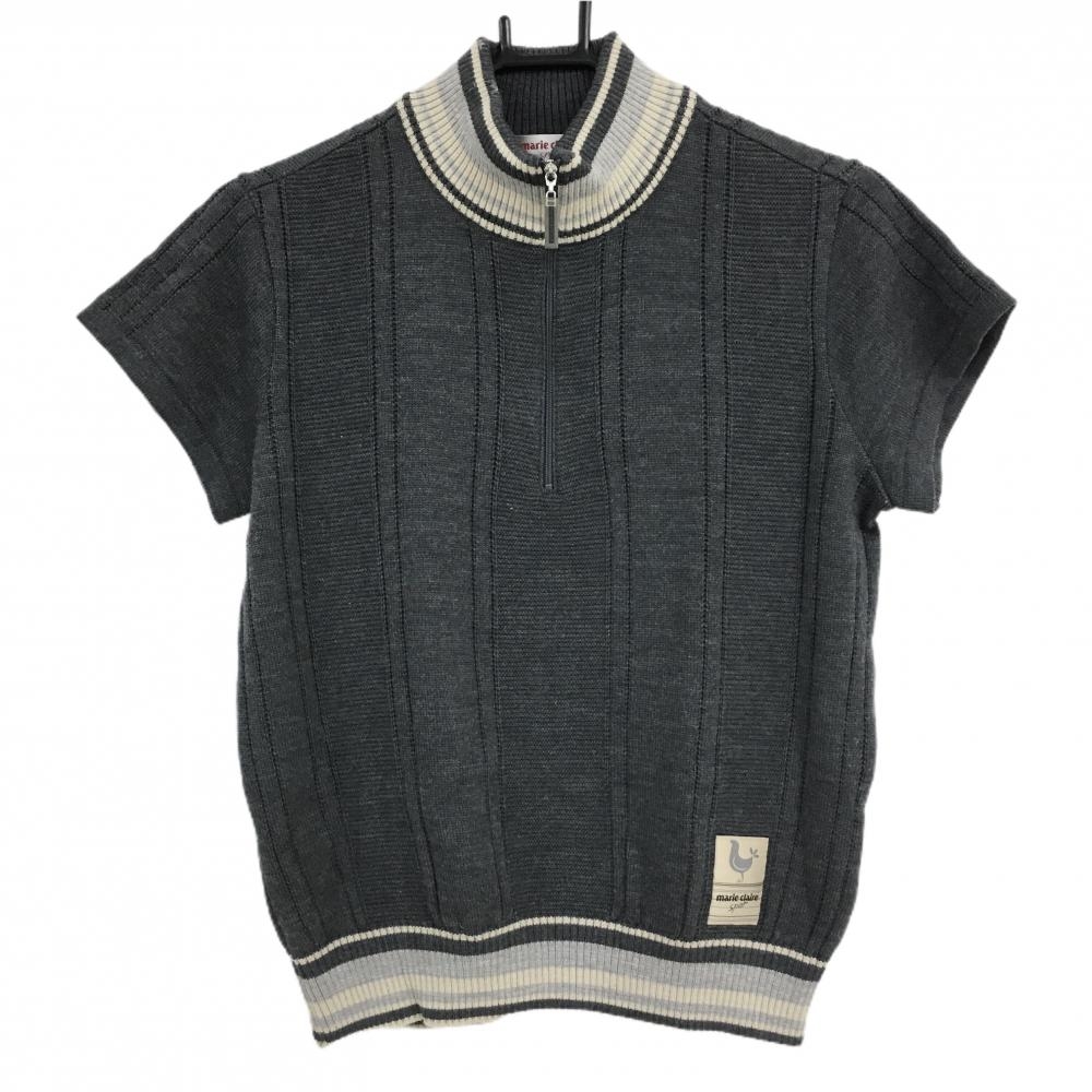 【美品】マリクレール 半袖ハイネックセーター 杢ダークグレー系×ベージュ系×ライトグレー系   レディース M ゴルフウェア marie claire