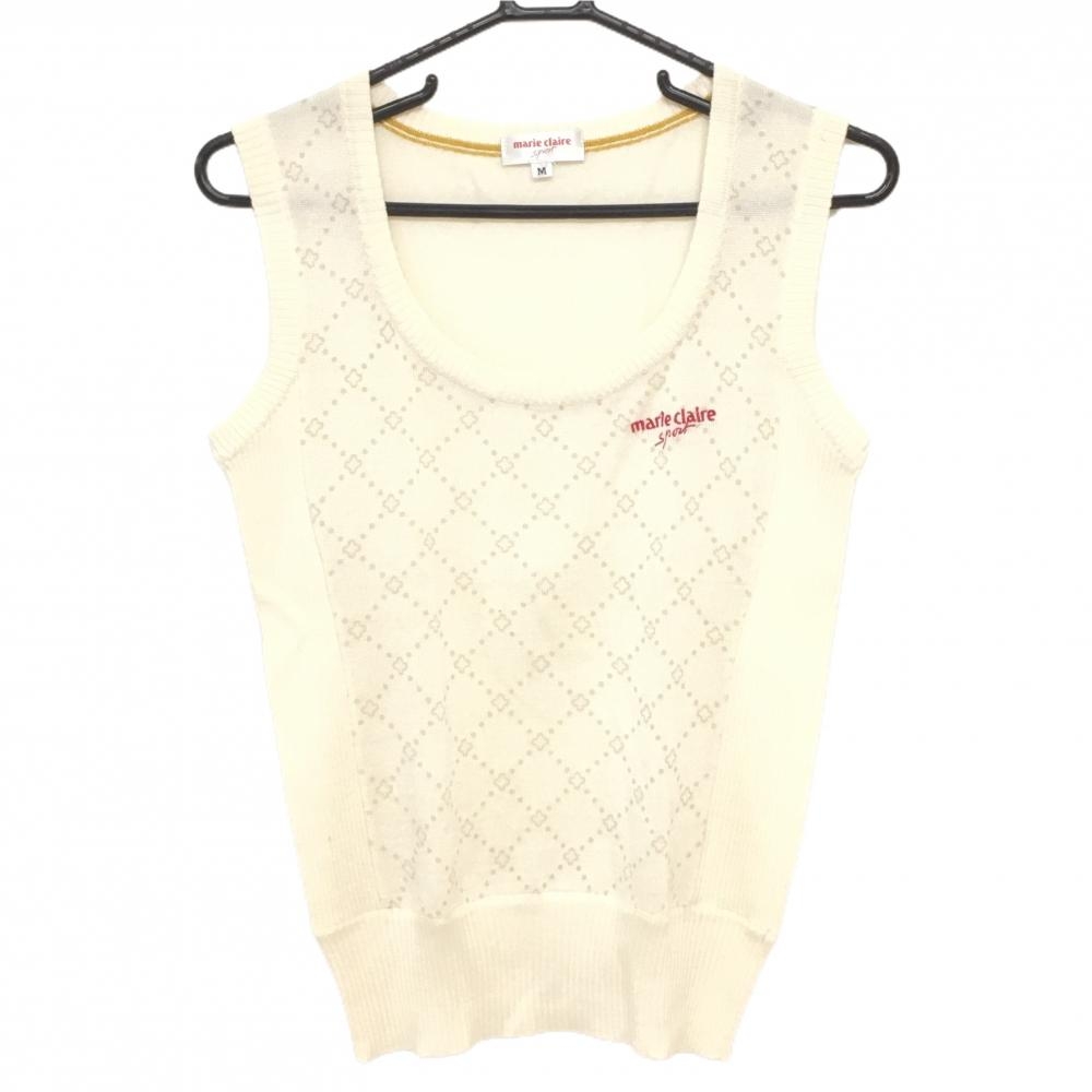 【超美品】マリクレールスポール ニットベスト アイボリー×ライトグレー 前身頃ドット・チェック レディース M ゴルフウェア marie claire
