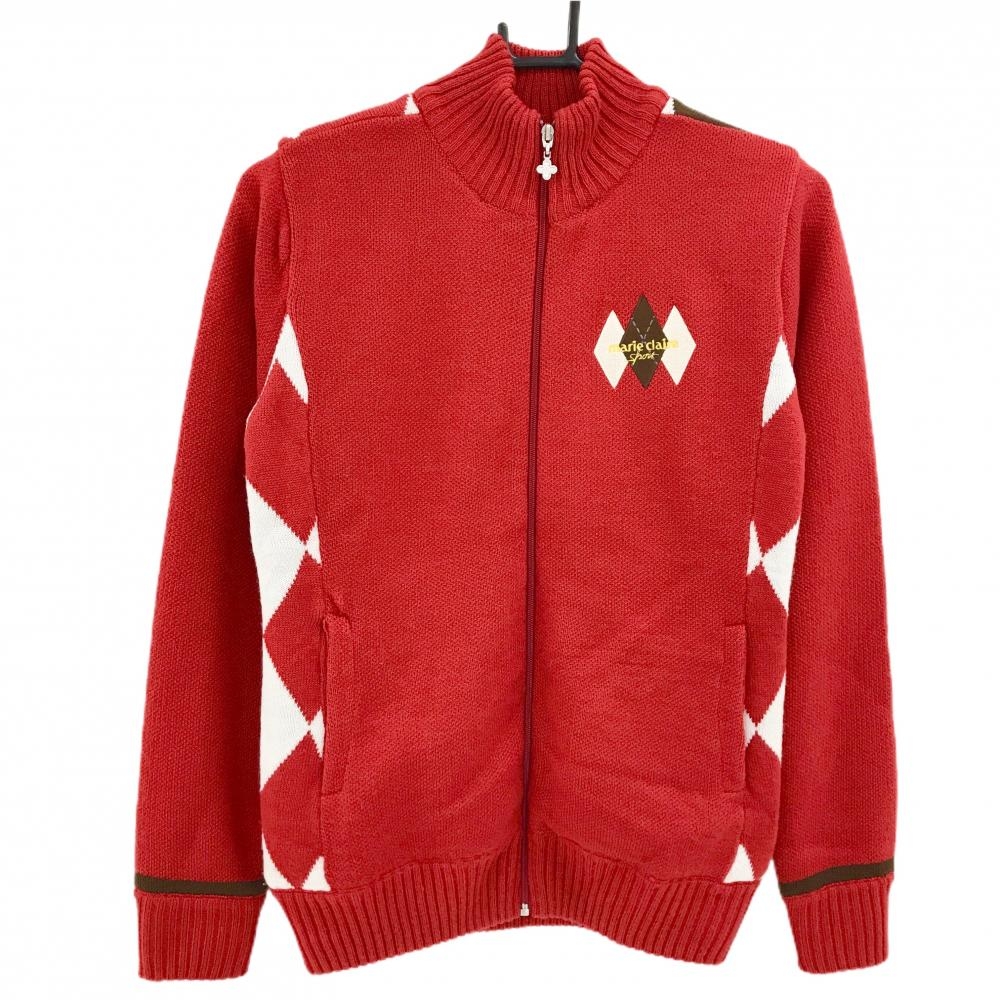 【美品】マリクレールスポール ニットジャケット レッド×白 背面ダイヤ柄 裏地付 レディース M ゴルフウェア marie claire