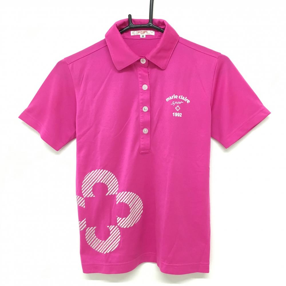 マリクレール 半袖ポロシャツ ピンク×白 ラメ 花柄  レディース M ゴルフウェア marie claire