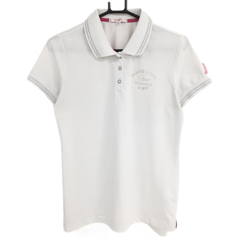 マリクレール 半袖ポロシャツ 白×ピンク 胸元ロゴプリント 袖ワッペン 襟・袖2ライン レディース LL ゴルフウェア marie claire