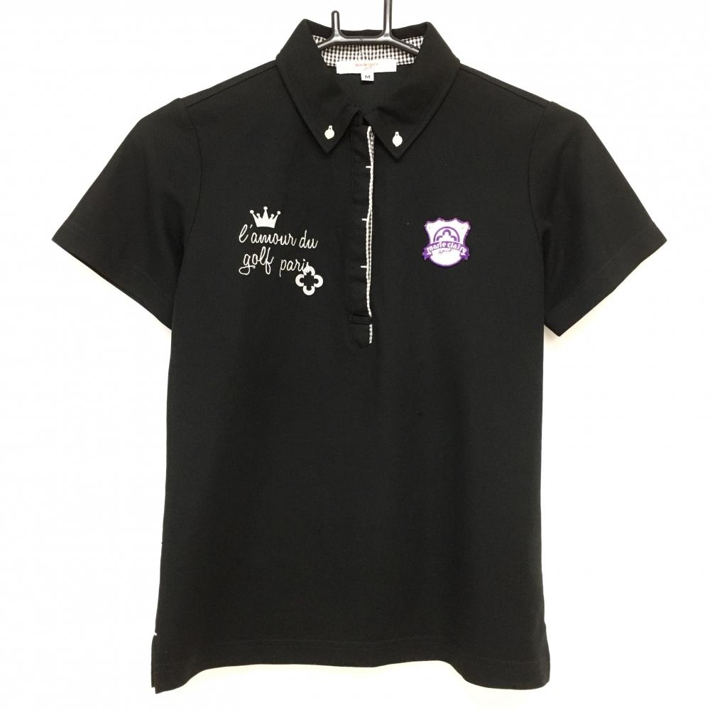 マリクレール 半袖ポロシャツ 黒×白 一部チェック柄 ボタンダウン レディース M ゴルフウェア marie claire