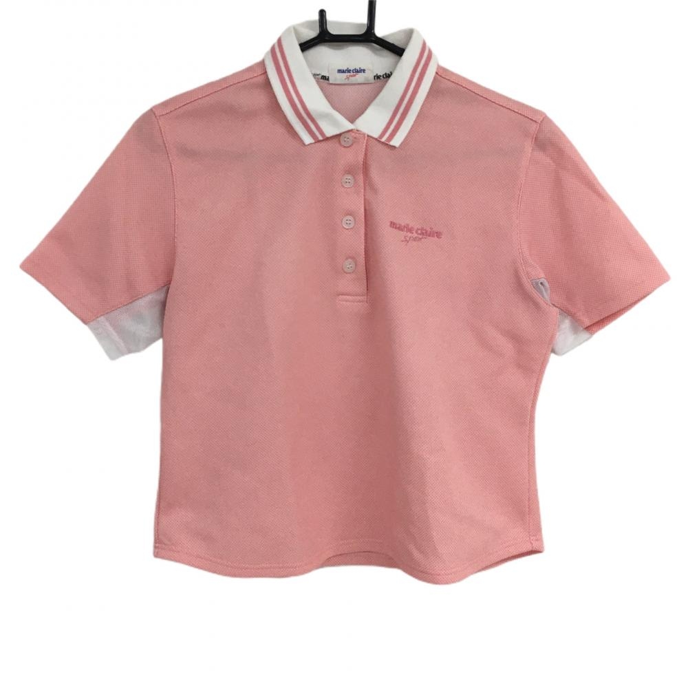 マリクレール 半袖ポロシャツ ピンク×白 地模様 襟ライン 一部メッシュ レディース  ゴルフウェア marie claire