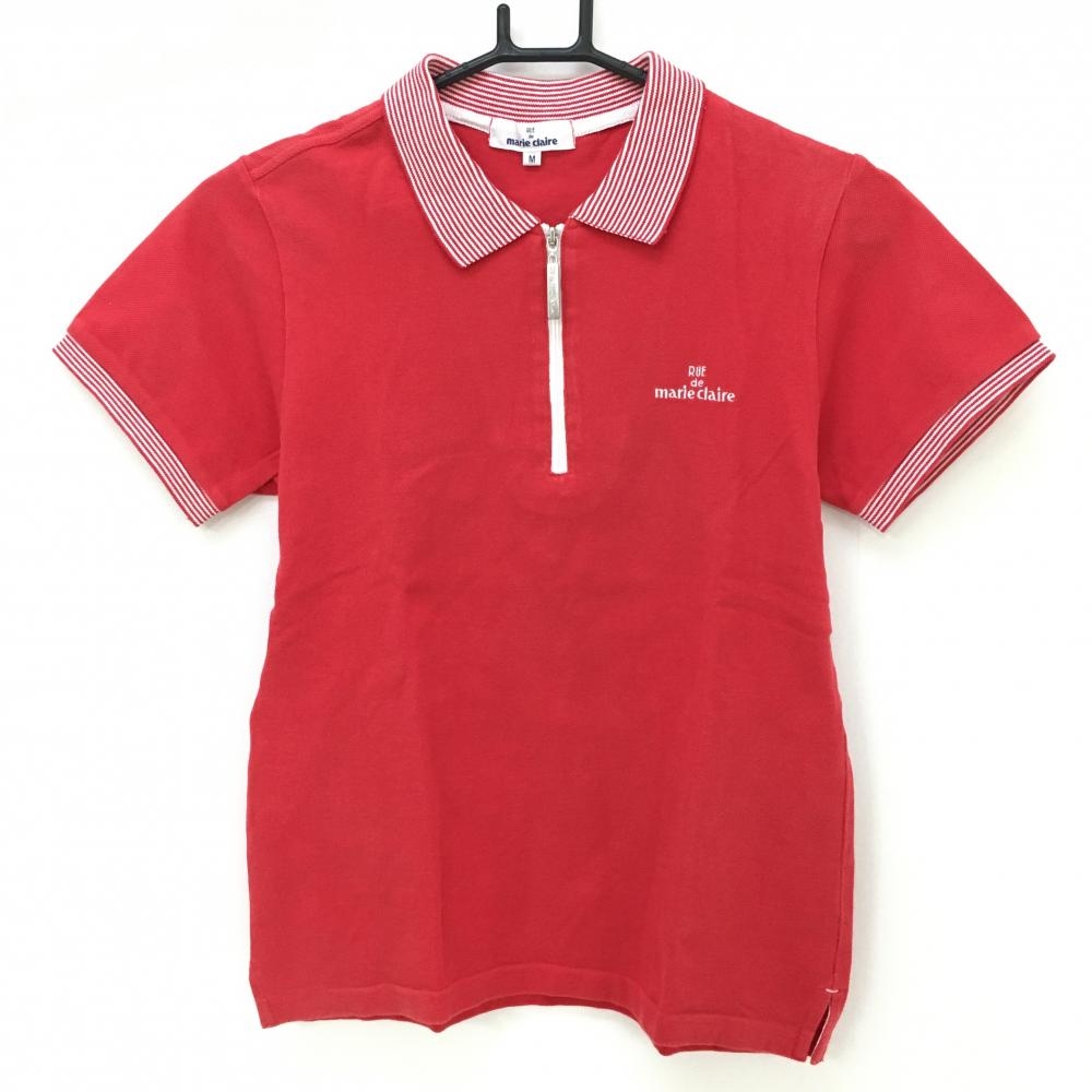 マリクレール 半袖ポロシャツ レッド×白 ハーフジップ 襟ボーダー  レディース M ゴルフウェア marie claire