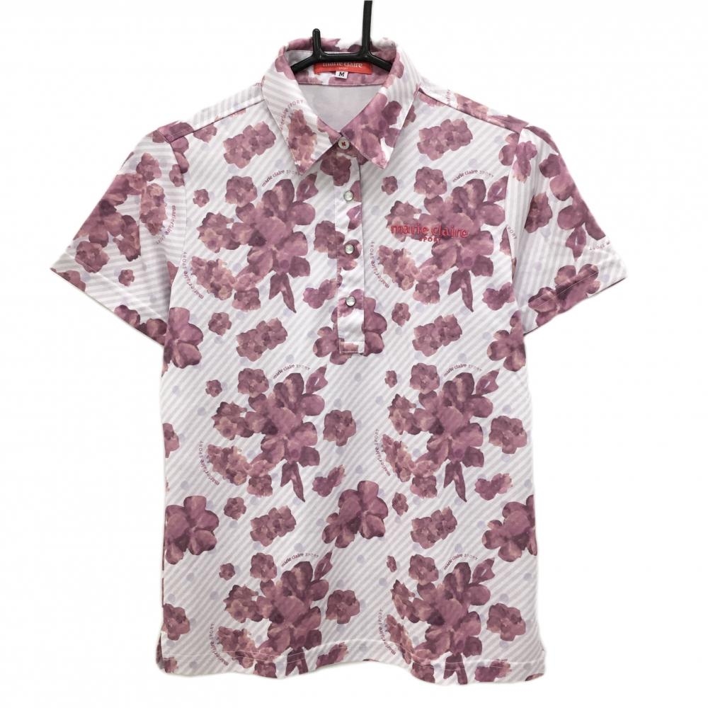 【美品】マリクレールスポール 半袖ポロシャツ 白×パープルピンク 花柄 斜めストライプ  レディース M ゴルフウェア marie claire