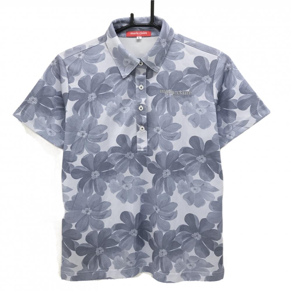 【美品】マリクレールスポール 半袖ポロシャツ ライトブルー系×ブルーグレー 花柄 ロゴ刺しゅう レディース L ゴルフウェア marie claire