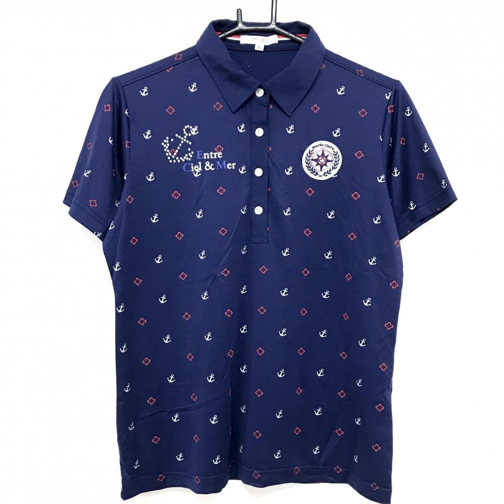 【超美品】マリクレールスポール 半袖ポロシャツ ネイビー×白 総柄 ロゴ イカリ 胸元ワッペン レディース L ゴルフウェア marie claire