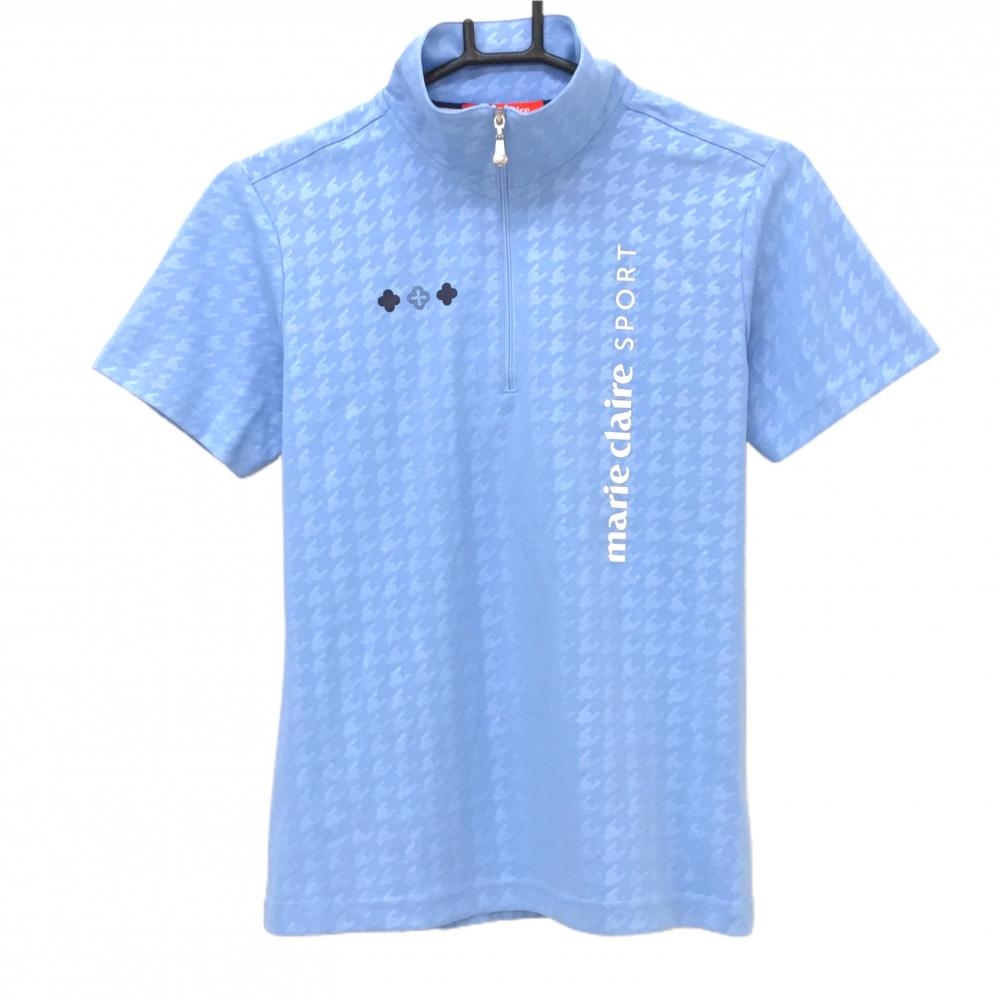 【超美品】マリクレールスポール 半袖ポロシャツ ライトブルー 千鳥格子 ハーフジップ レディース M ゴルフウェア marie claire