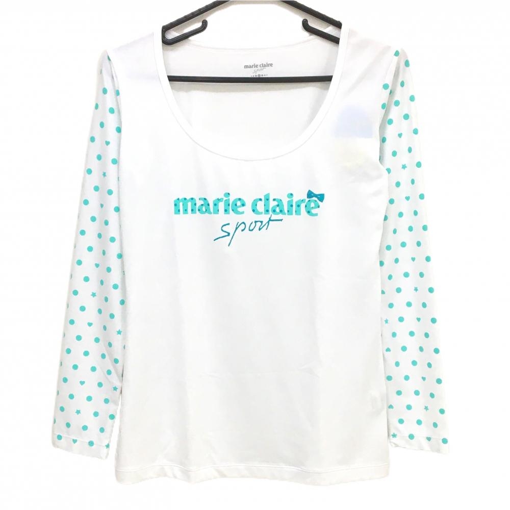 【新品】マリクレールスポール 長袖Ｔシャツ 白×ミントグリーン 袖ドット 吸汗速乾 UVケア レディース LL ゴルフウェア marie claire