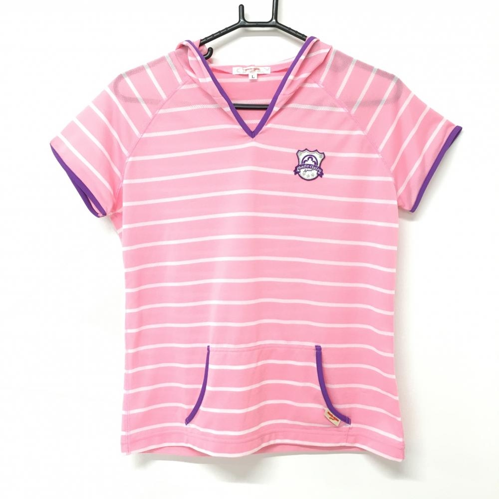 【美品】マリクレール フード付き半袖シャツ ピンク×白 ボーダー 薄手 パーカー レディース L ゴルフウェア marie claire