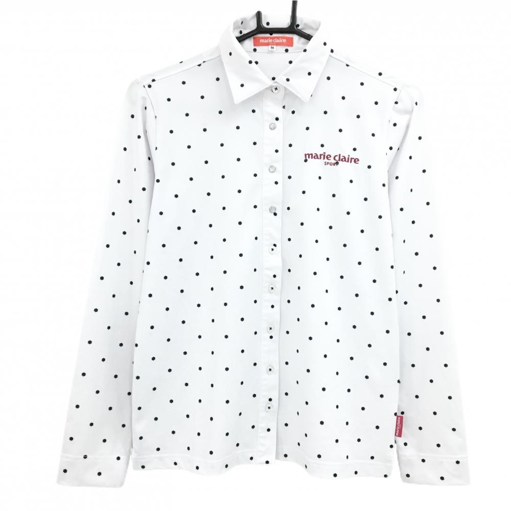 【超美品】マリクレール 長袖シャツ 白×ダークネイビー ロゴ総柄 レディース M ゴルフウェア marie claire