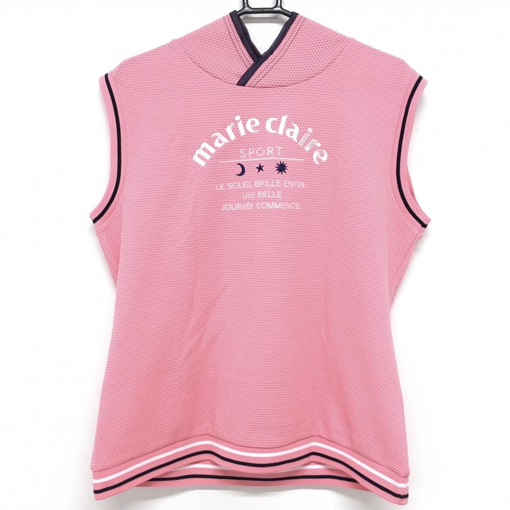 【超美品】マリクレール ノースリーブシャツ ピンク×ネイビー フード風 凹凸生地 レディース 3L ゴルフウェア marie claire