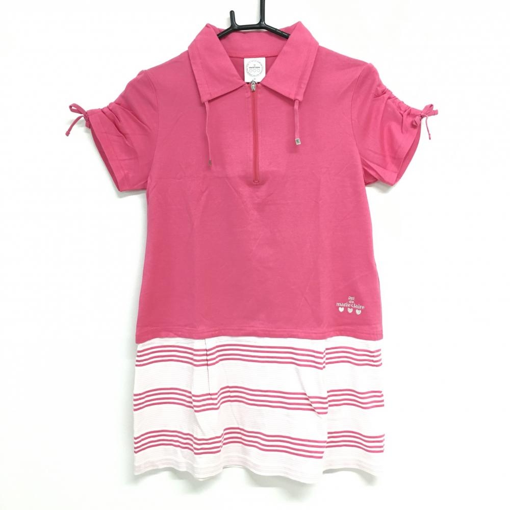 【美品】マリクレール 半袖ポロワンピース ピンク×白 スカート部ボーダー ハーフジップ  レディース M ゴルフウェア marie claire