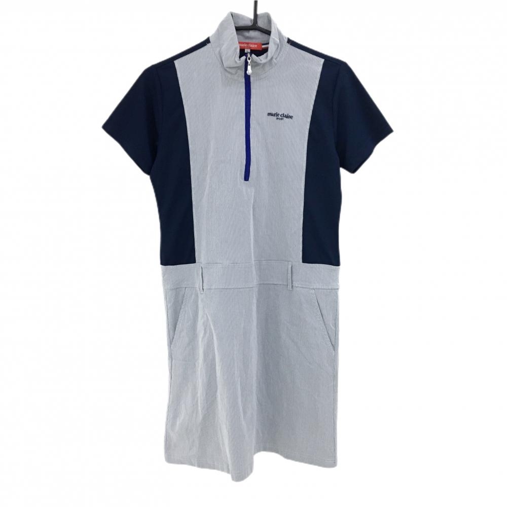 【超美品】マリクレールスポール 半袖ハイネックワンピース ネイビー×白  レディース L ゴルフウェア marie claire