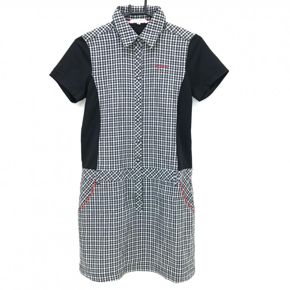 マリクレールスポール 半袖ポロワンピース 黒×白 一部チェック ロゴレッド レディース M ゴルフウェア marie claire