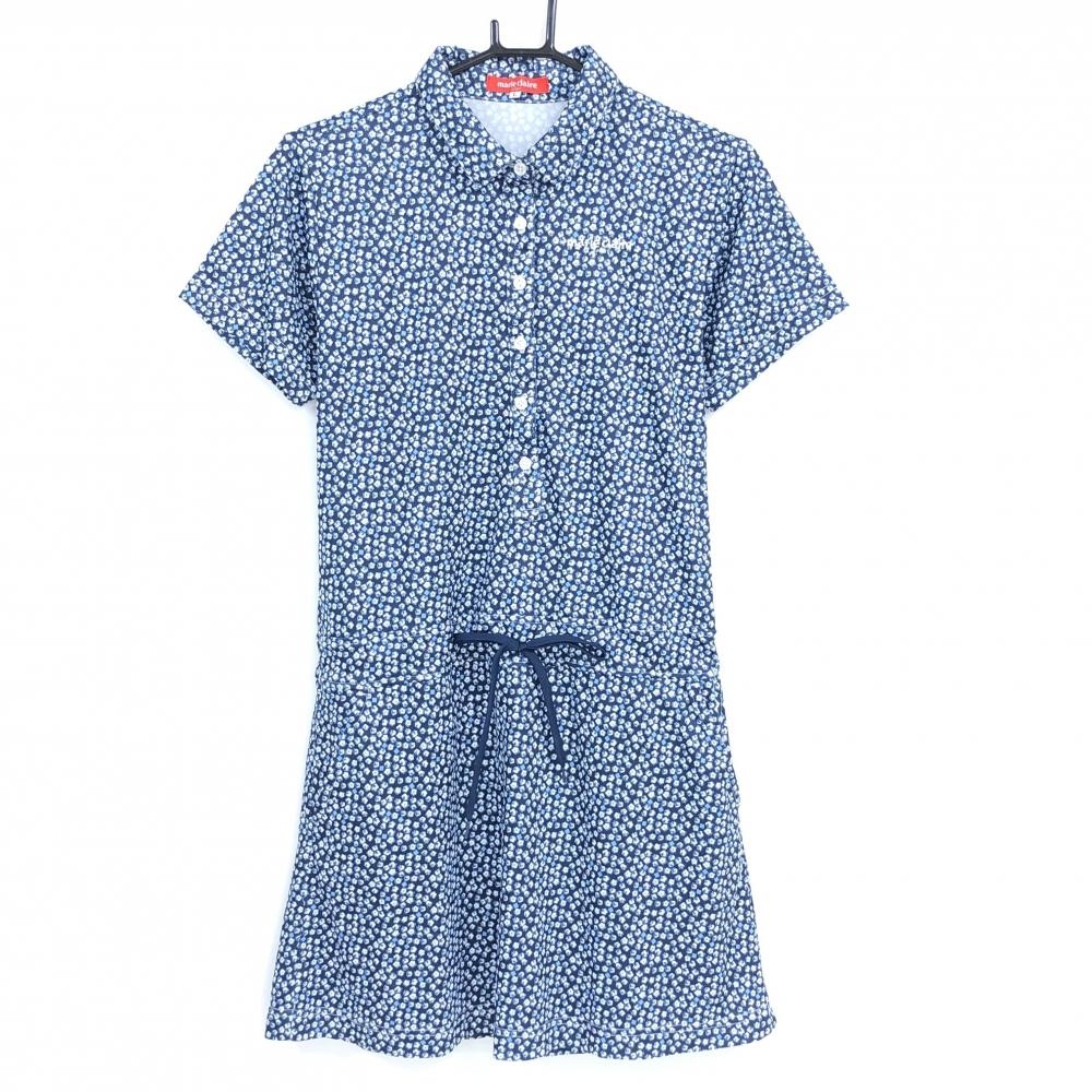 【超美品】マリクレールスポール 半袖ポロワンピース ネイビー×白 小花柄 ロゴ刺しゅう レディース L ゴルフウェア marie claire