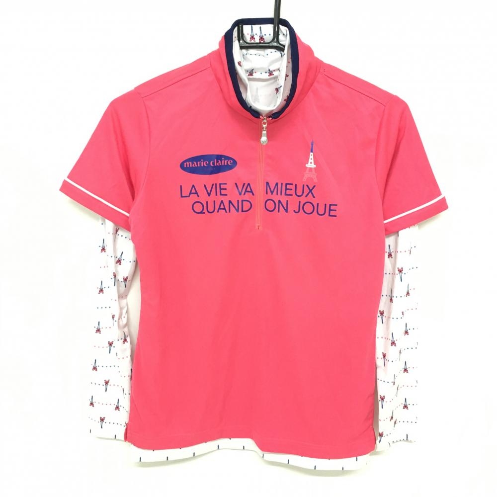【美品】マリクレール 長袖シャツ×半袖ハイネックシャツ ピンク×ネイビー 2点セット  レディース Ｍ ゴルフウェア marie claire
