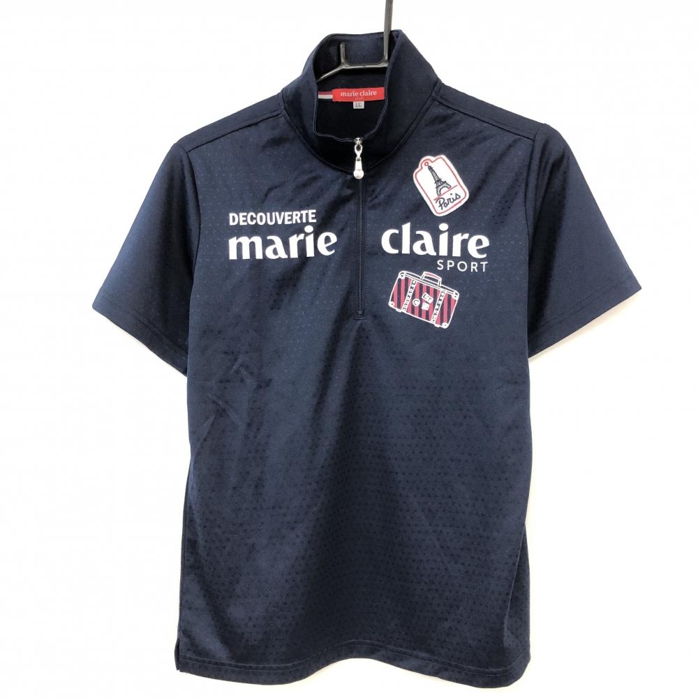 【超美品】marie claire マリクレール 半袖ハイネックシャツ ネイビー×白 総柄地模様 ビッグロゴ レディース LL ゴルフウェア