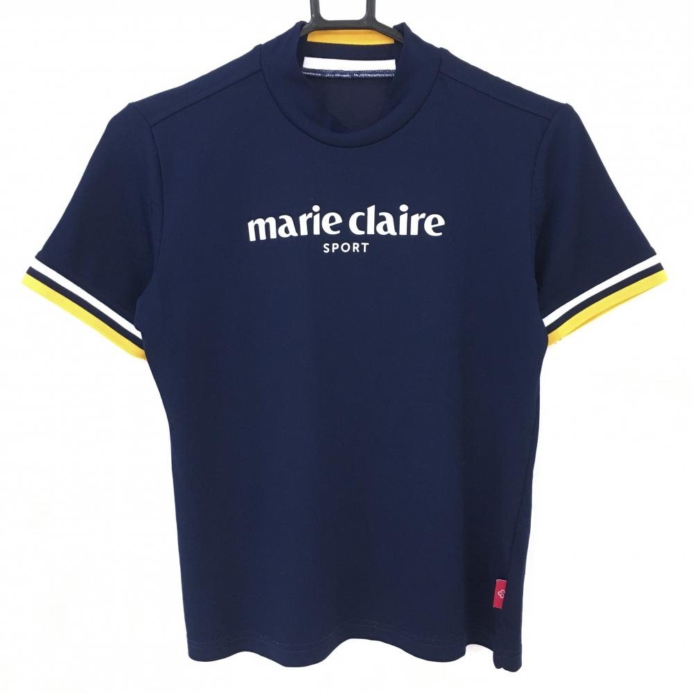 マリクレール 半袖ハイネックシャツ ネイビー×イエロー リブボーダー フロントロゴ  レディース L ゴルフウェア marie claire