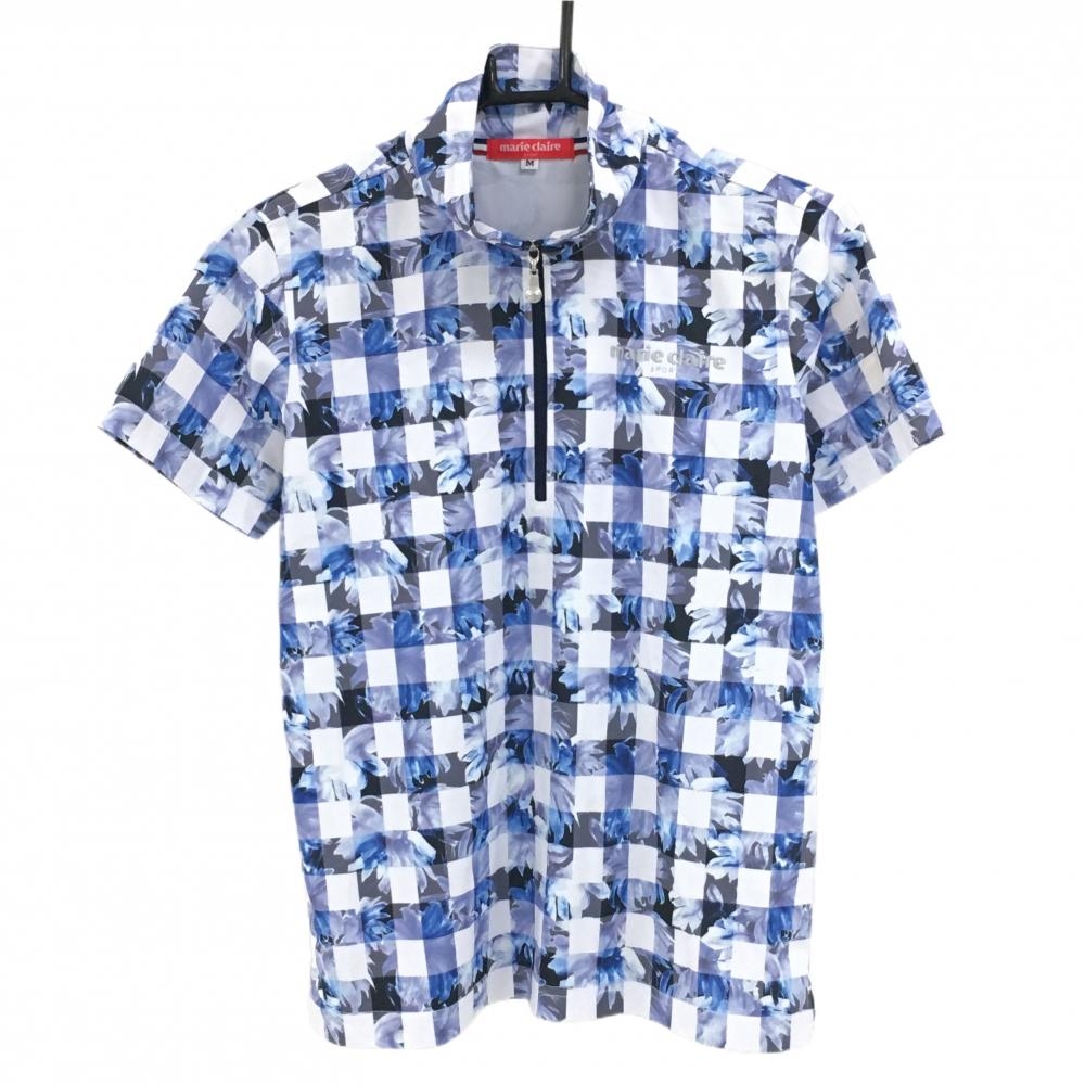 マリクレール 半袖ハイネックシャツ 白×ネイビー 花柄 チェック ハーフジップ レディース M ゴルフウェア marie claire