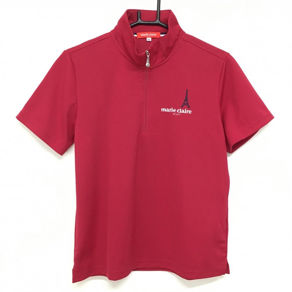 【超美品】マリクレールスポール 半袖ハイネックシャツ レッド系 ハーフジップ ロゴ刺しゅう レディース LL ゴルフウェア marie claire