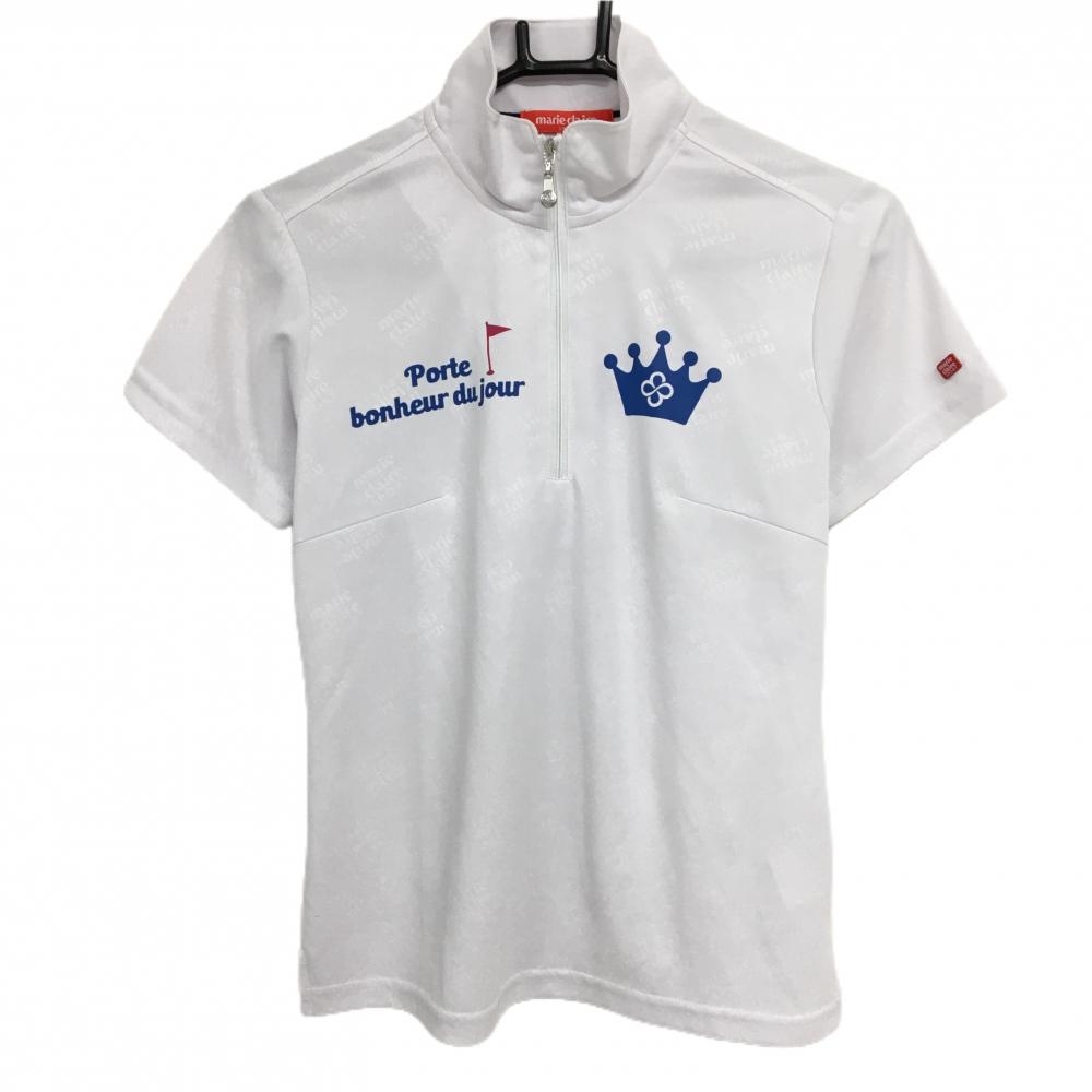 マリクレールスポール 半袖ハイネックシャツ 白×ブルー ロゴ地模様 ハーフジップ レディース M ゴルフウェア marie claire