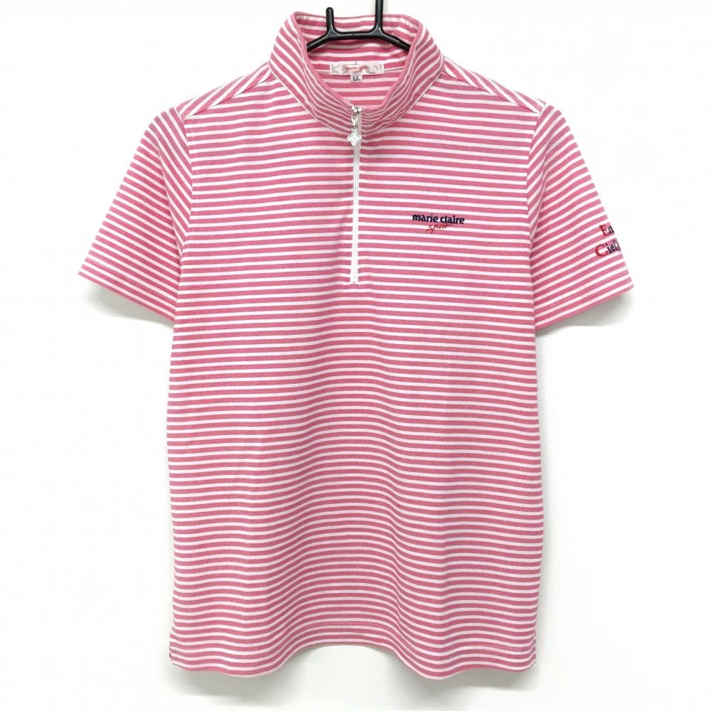 【美品】マリクレールスポール 半袖ハイネックシャツ ピンク×白 ボーダー ロゴ刺しゅう  レディース LL ゴルフウェア marie claire