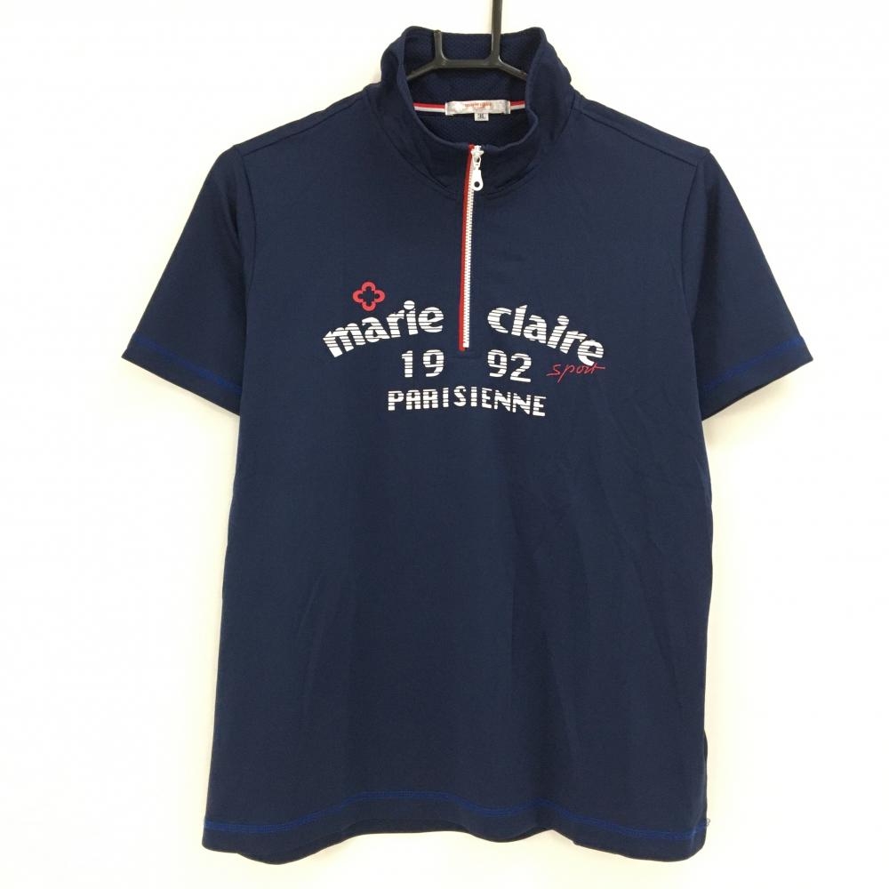 【美品】マリクレールスポール 半袖ハイネックシャツ ネイビー×白 ハーフジップ レディース 3L ゴルフウェア 大きいサイズ marie claire