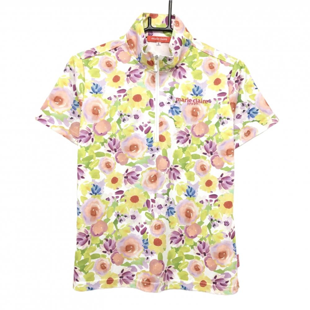 【超美品】マリクレールスポール 半袖ハイネックシャツ 白×マルチカラー 花柄 ハーフジップ レディース L ゴルフウェア marie claire