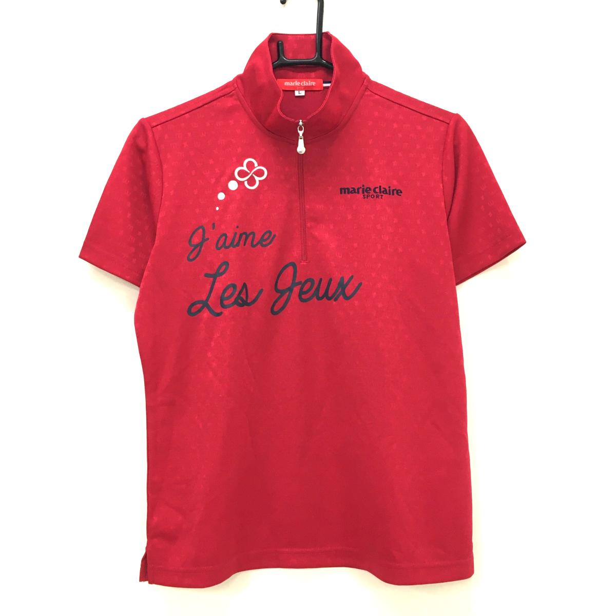 【超美品】マリクレールスポール 半袖ハイネックシャツ ピンクレッド×ネイビー 地模様  レディース L ゴルフウェア marie claire