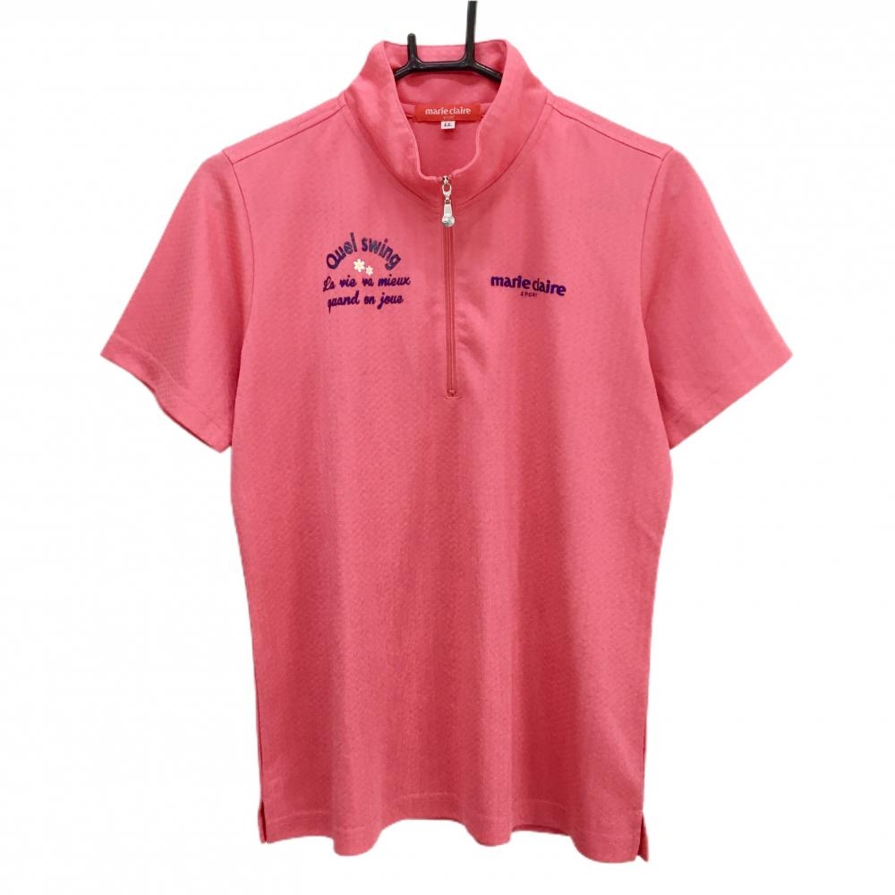 【超美品】マリクレールスポール 半袖ハイネックシャツ ピンク×ネイビー ブロック地模様 レディース LL ゴルフウェア marie claire