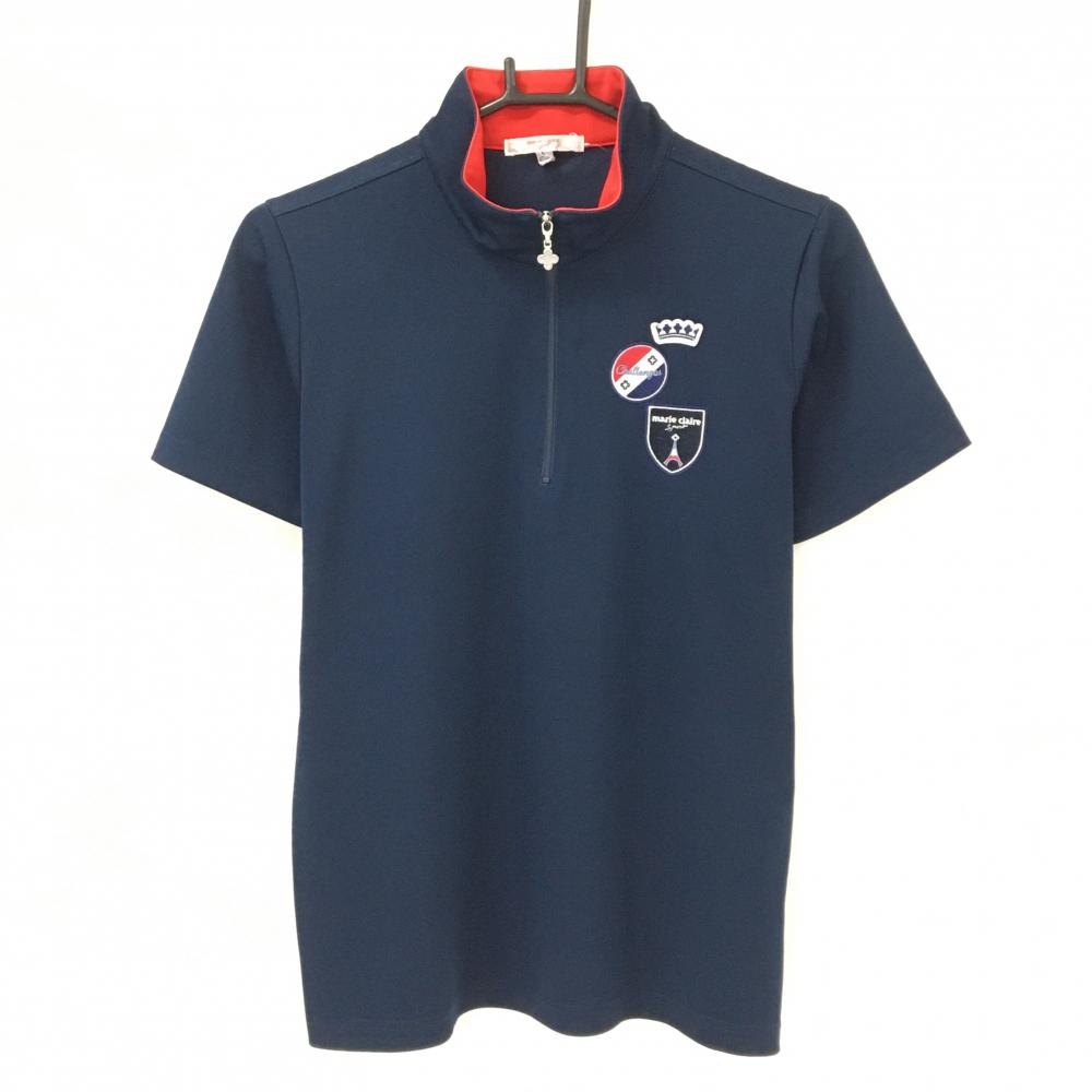 【美品】マリクレールスポール 半袖ハイネックシャツ ネイビー 胸元ワッペン ハーフジップ レディース L ゴルフウェア marie claire