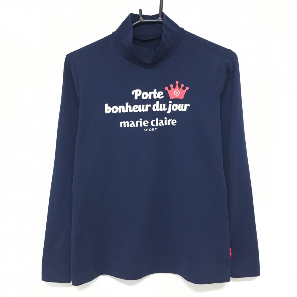 【美品】マリクレールスポール 長袖ハイネックシャツ ネイビー×白 フロントロゴ  レディース L ゴルフウェア marie claire