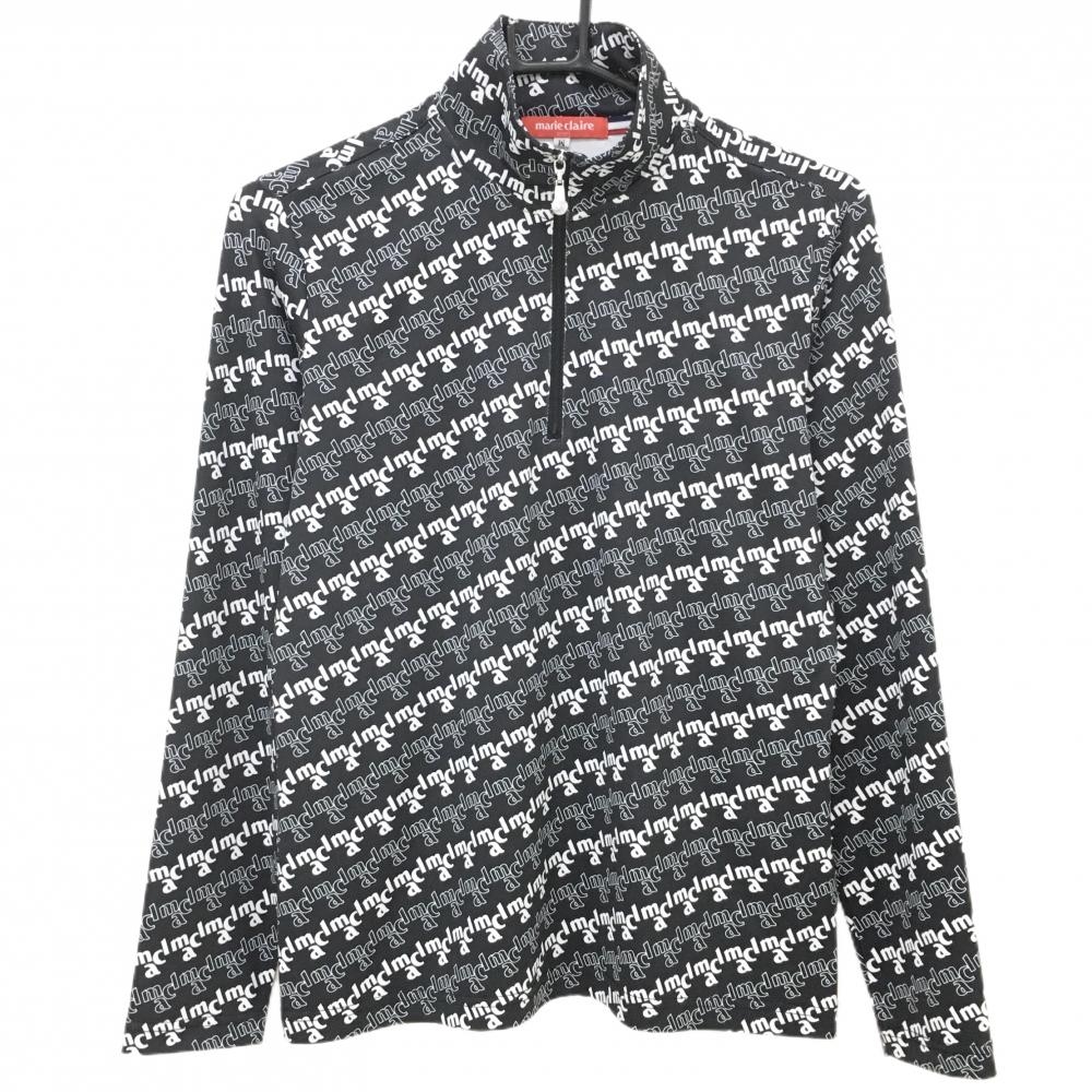 【超美品】マリクレール 長袖ハイネックシャツ 黒×白 ロゴ総柄 ハーフジップ  レディース M ゴルフウェア marie claire