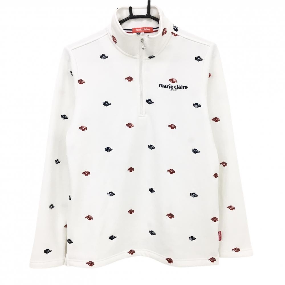 【新品】マリクレール 長袖ハイネックシャツ 白×ネイビー×レッド 裏起毛  レディース L ゴルフウェア marie claire