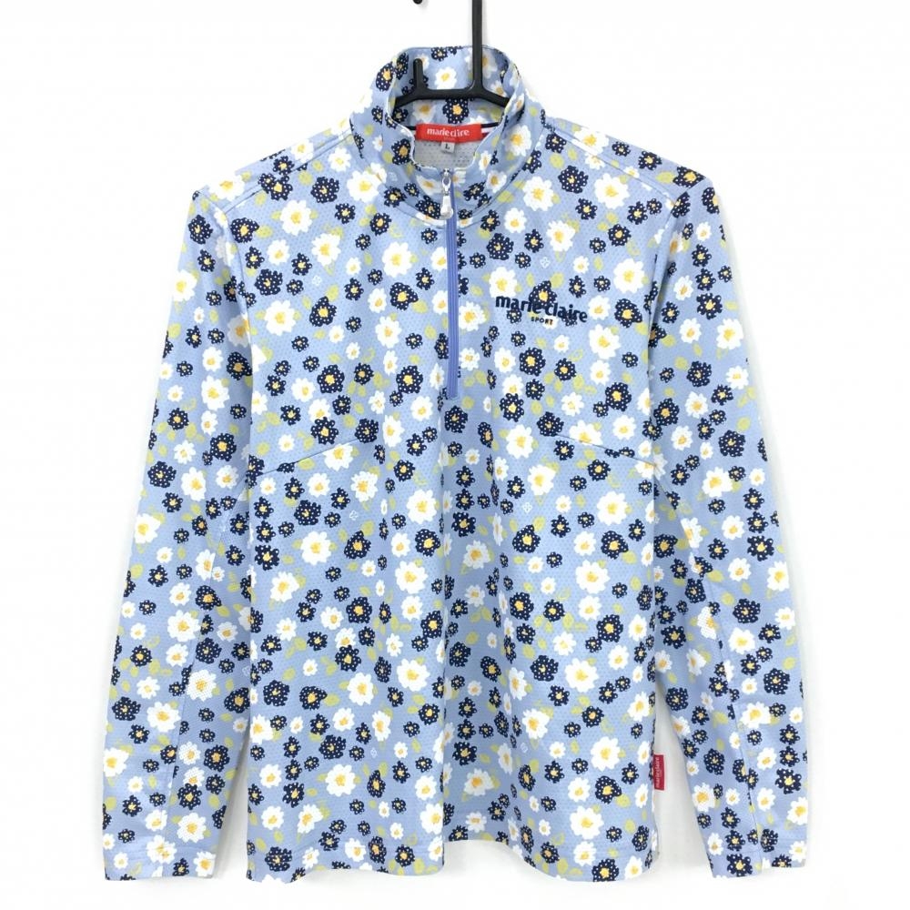 【超美品】マリクレールスポール 長袖ハイネックシャツ ライトブルー×白×ネイビー 花柄  レディース L ゴルフウェア marie claire