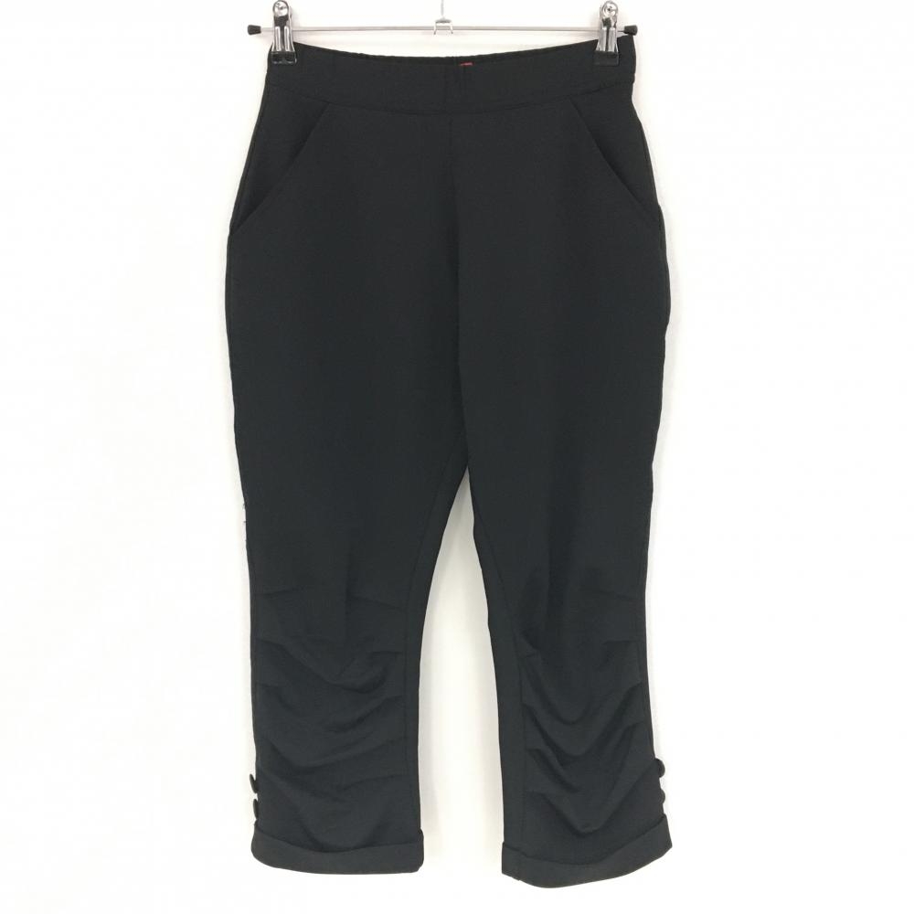 【超美品】マリクレール ストレッチ七分丈パンツ 黒 ストライプ織生地 裾シャーリング レディース M ゴルフウェア marie claire