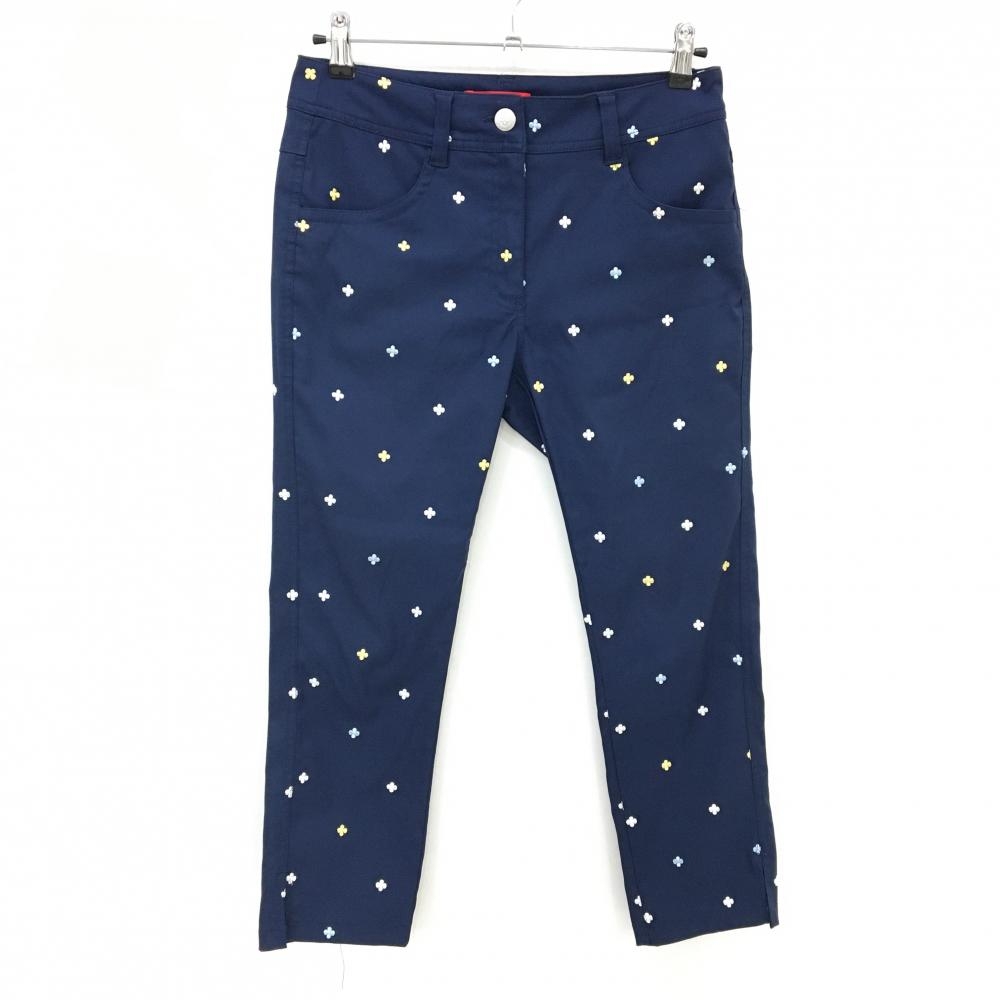 【超美品】マリクレール パンツ ネイビー×白×イエロー クローバー刺しゅう総柄 ストレッチ レディース L ゴルフウェア marie claire