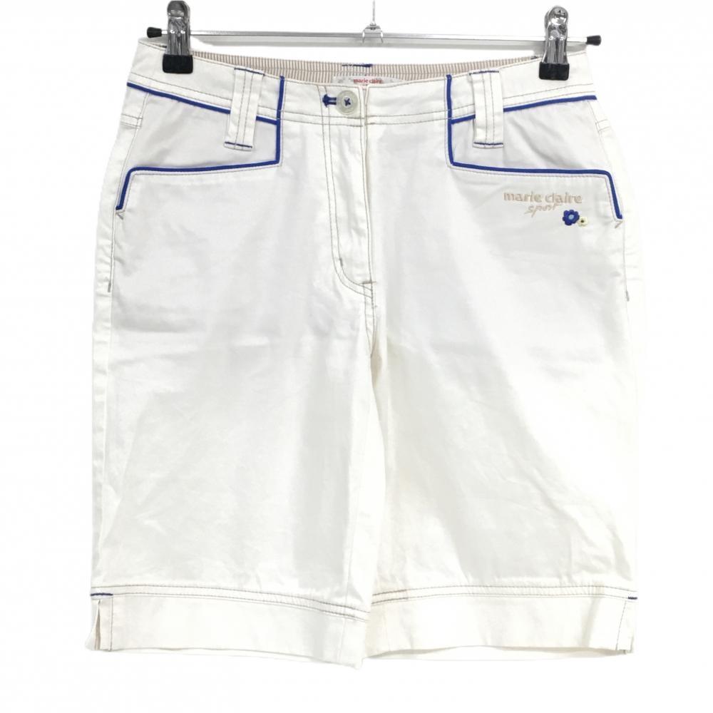 【美品】マリクレール ショートパンツ 白×ブルー パイピング ポケット口ロゴ刺しゅう レディース S ゴルフウェア marie claire