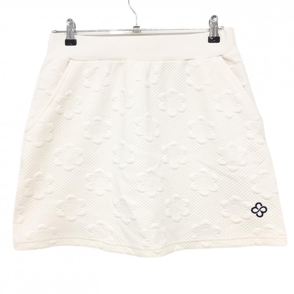 【美品】マリクレールスポール スカート アイボリー 花柄×チェック織生地 ウエストゴム＆調節紐 レディース L ゴルフウェア marie claire