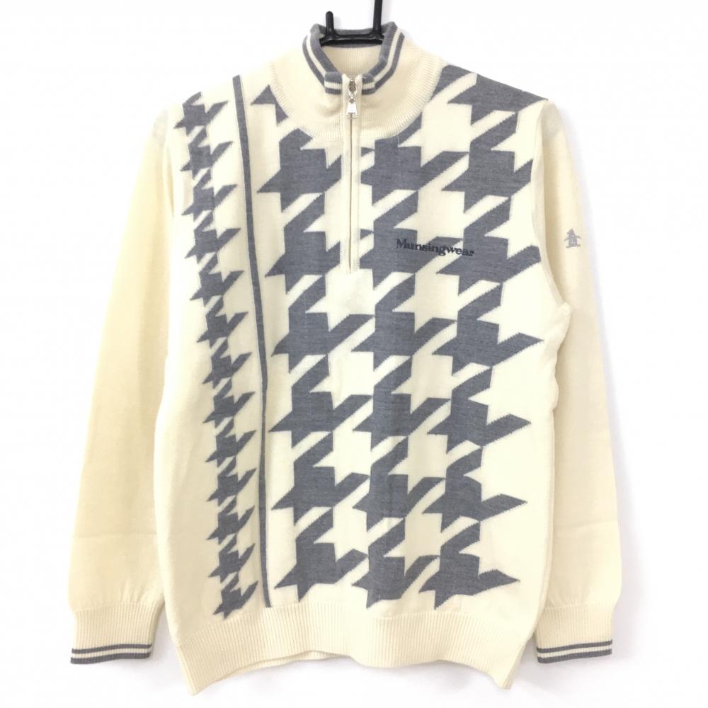 【美品】Munsingwear マンシングウェア 中綿ニットセーター アイボリー×グレー 前千鳥柄 ハイネック   レディース M ゴルフウェア