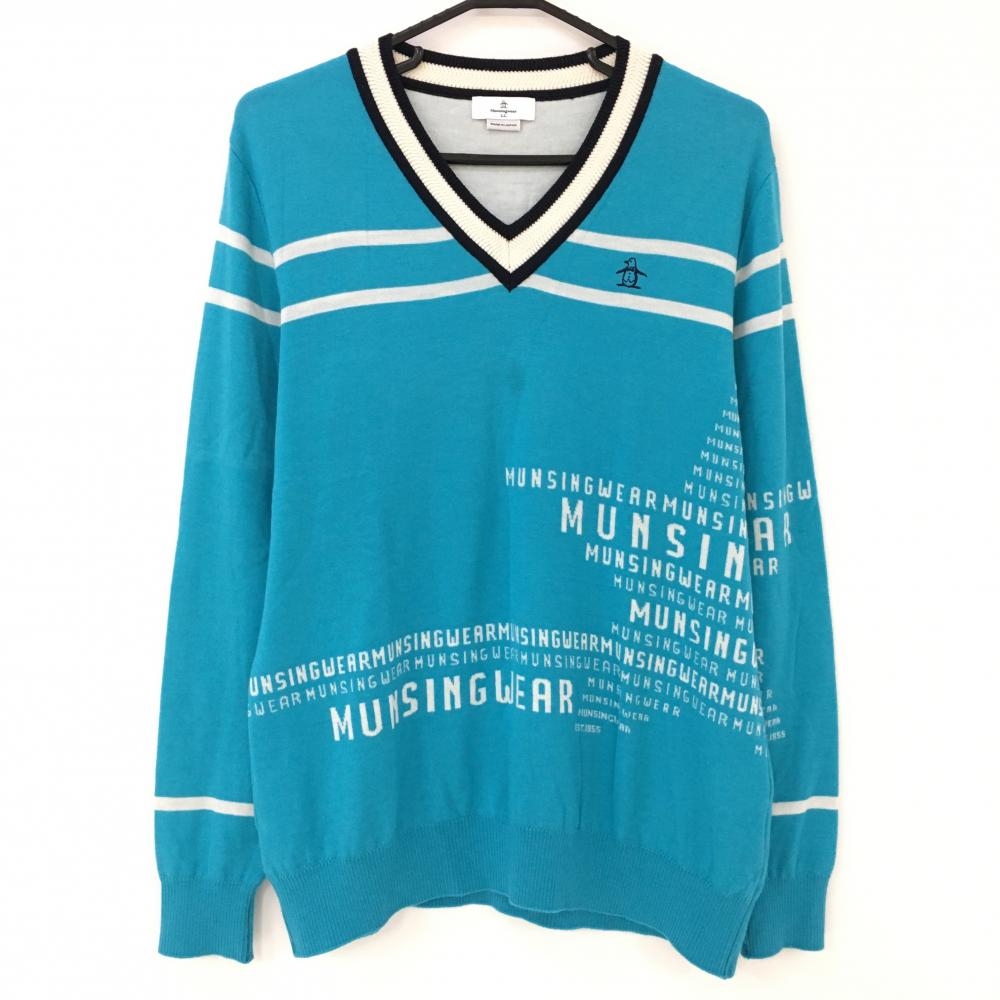 マンシングウェア セーター ライトブルー×白 Vネック 一部ロゴ柄 ニット レディース LL ゴルフウェア Munsingwear