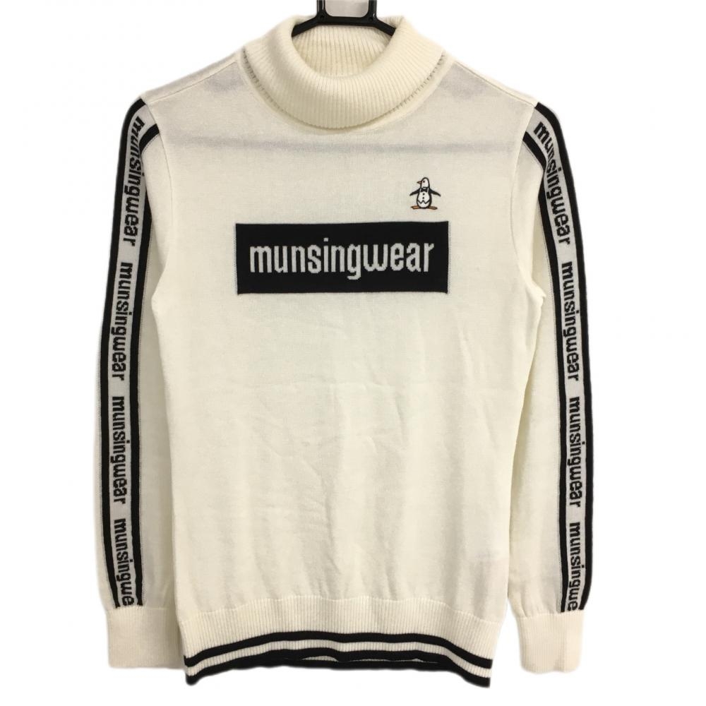 【美品】マンシングウェア タートルネックセーター  白×黒 袖ロゴ ニット レディース M ゴルフウェア Munsingwear