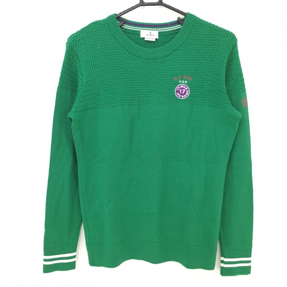 【美品】マンシングウェア セーター グリーン×白 ロゴ刺しゅう ウール混  レディース L ゴルフウェア Munsingwear