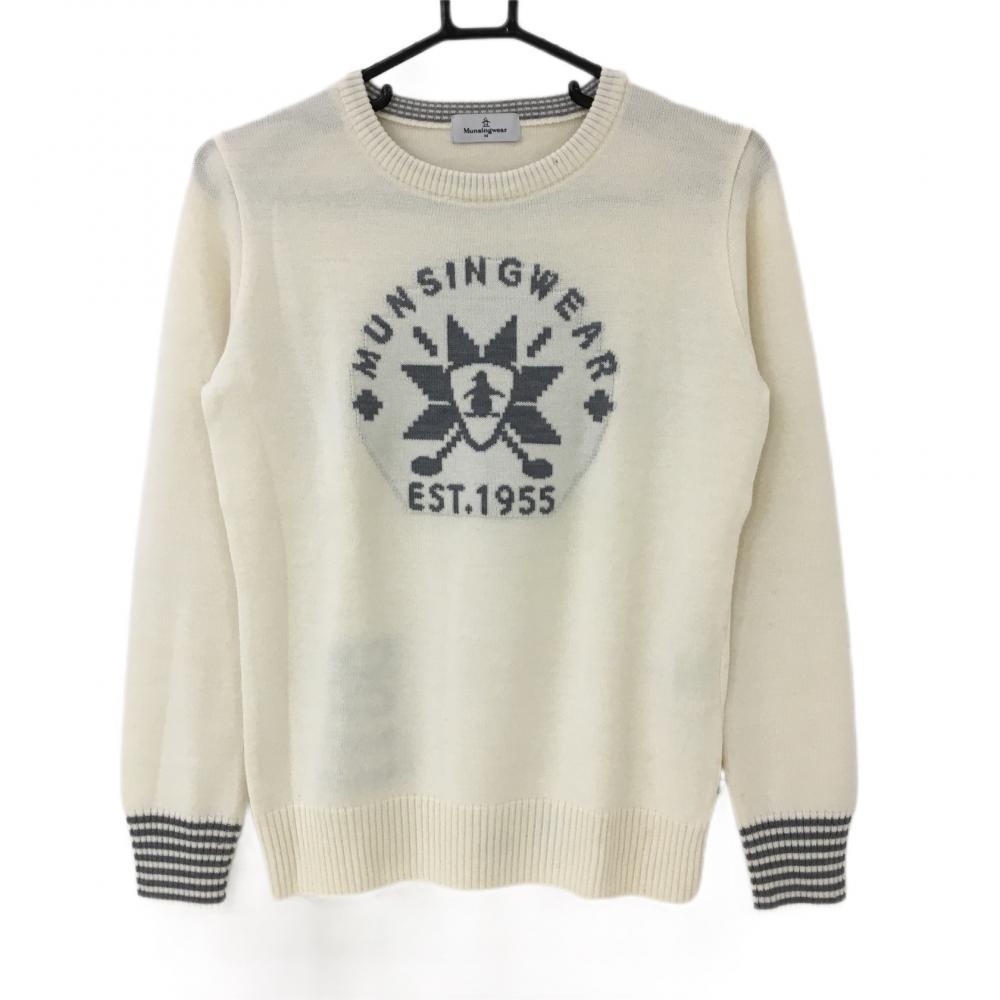 マンシングウェア 長袖ニットセーター アイボリー×グレー ウール混 レディース M ゴルフウェア Munsingwear