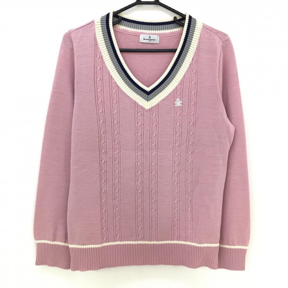 【美品】マンシングウェア セーター ピンク×白 ケーブル編み Vネック ウール混 レディース LL ゴルフウェア Munsingwear