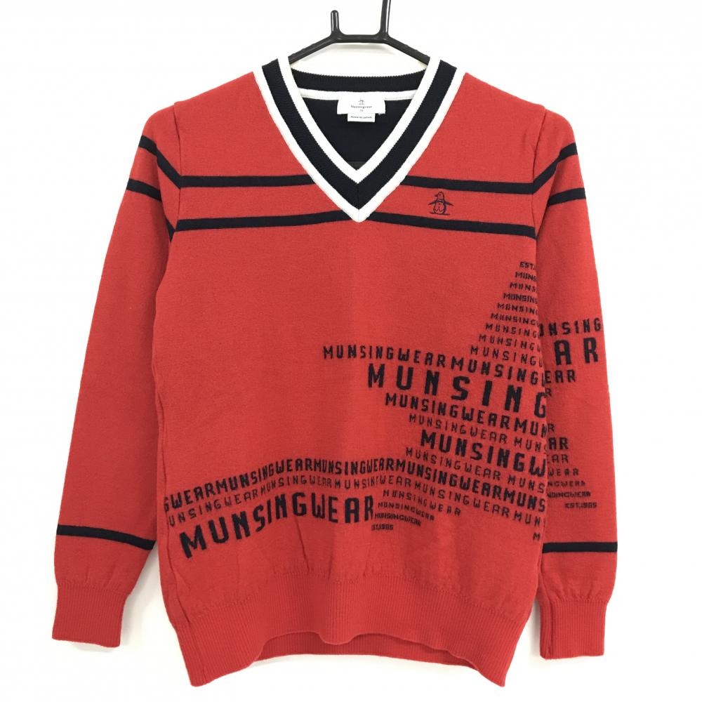 【美品】マンシングウェア セーター レッド×ネイビー Vネック ロゴ レディース M ゴルフウェア Munsingwear