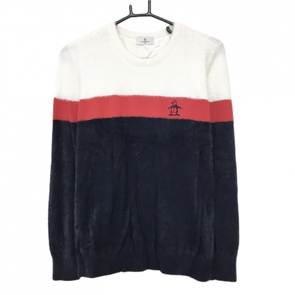 【超美品】マンシングウェア セーター ネイビー×白×レッド 起毛 胸ロゴ 裏地付き ニット レディース M ゴルフウェア Munsingwear