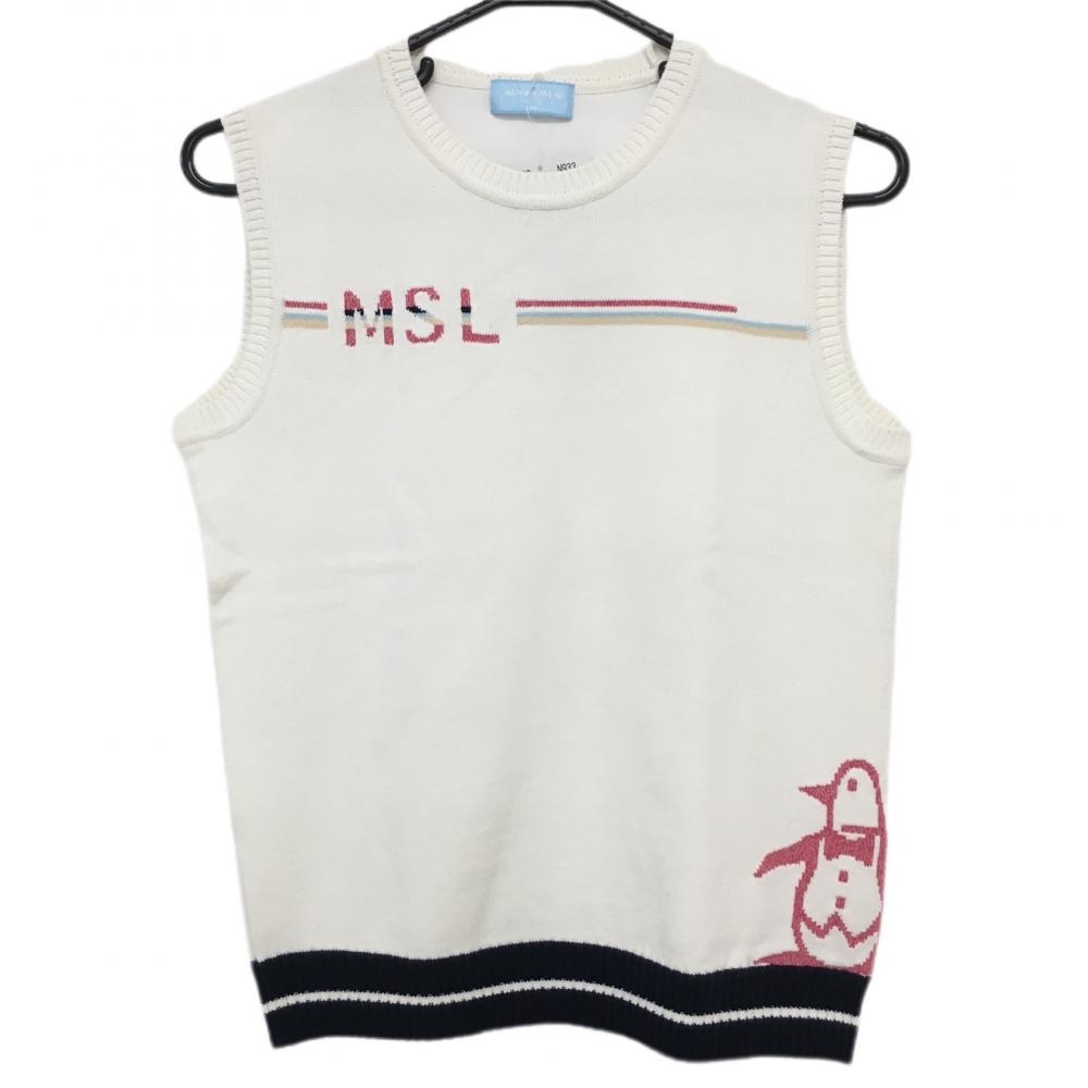 マンシングウェア ベスト白 裾ネイビー コットン混 紙タグ付き レディース M ゴルフウェア Munsingwear